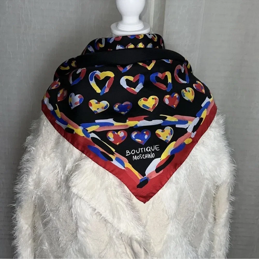 MOSCHINO Red Multicolored Hearts Silk Square Scarf